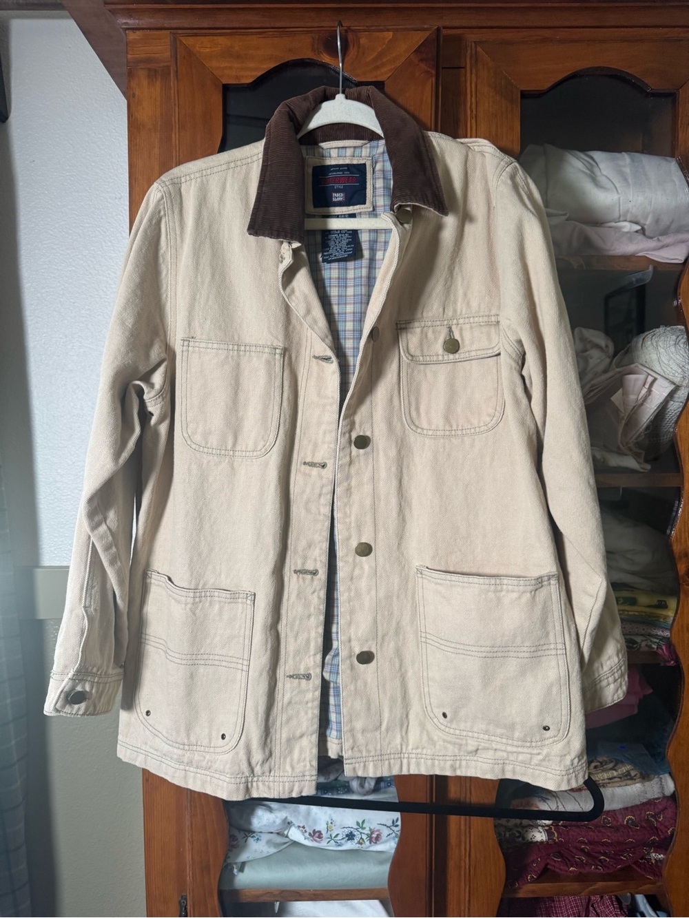 Men's Beige Workwear Jacket with Brown Corduroy Collar - Picture 2 of 5